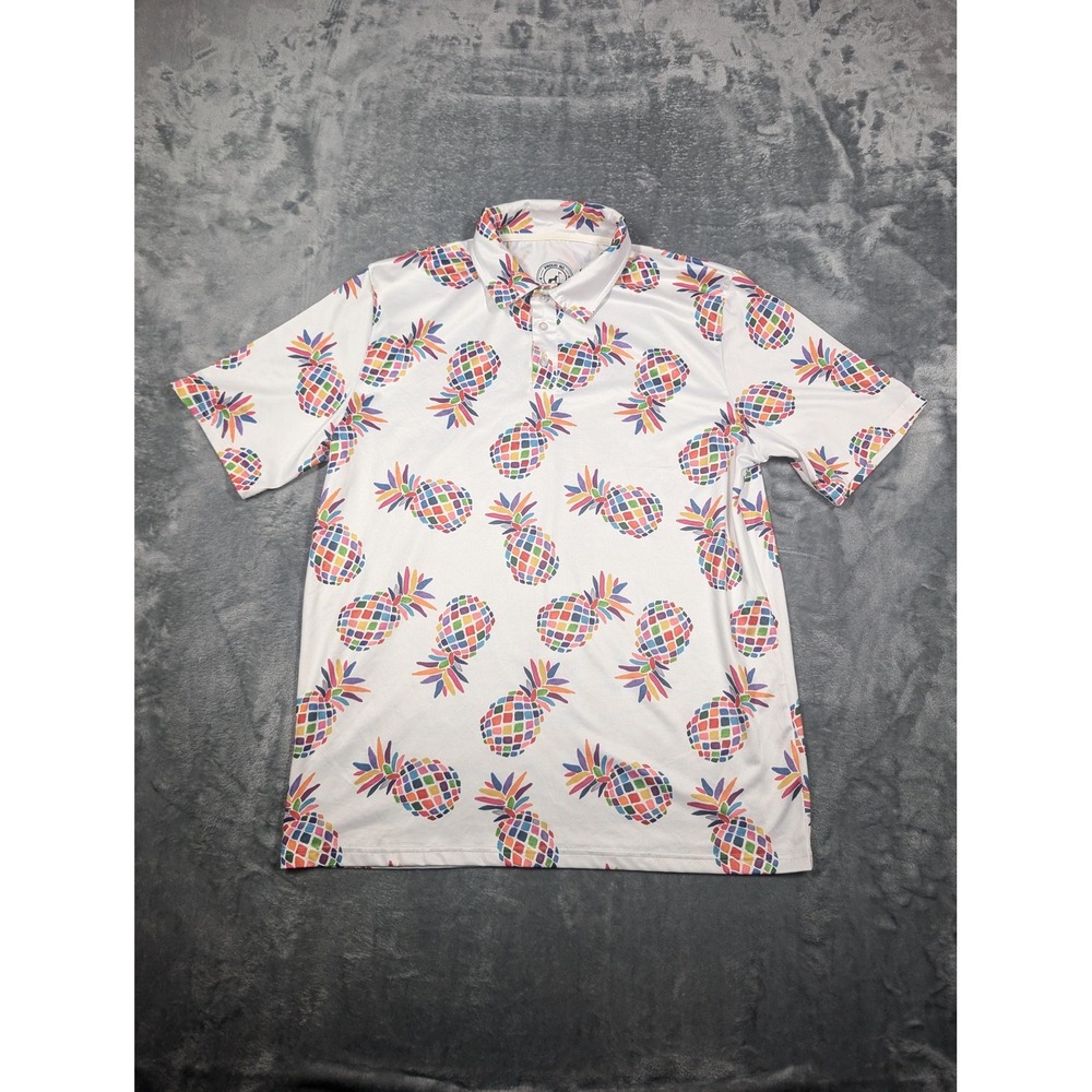 Proud 90 Polo Shirt Mens Large White Pineapple Print Golf Performance Stretch